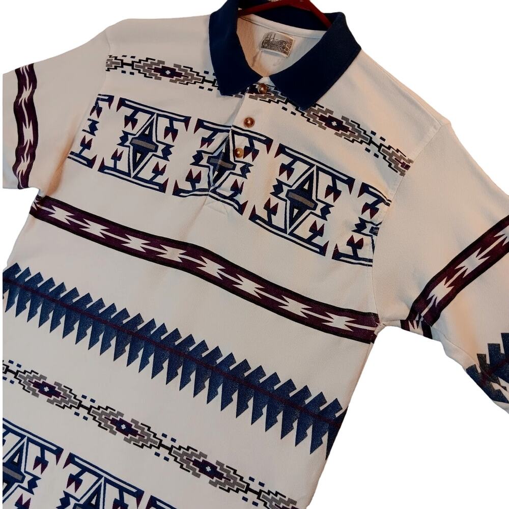Vtg Express Rider Polo Shirt Small/Long* White Aztec Southwest Thin/Tall‎